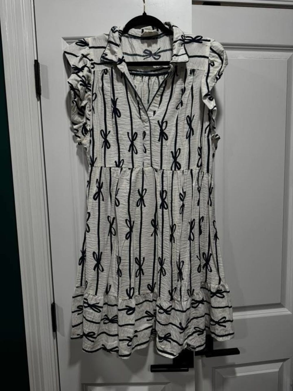 Umgee White Dress with Black Bow & Stripe Print